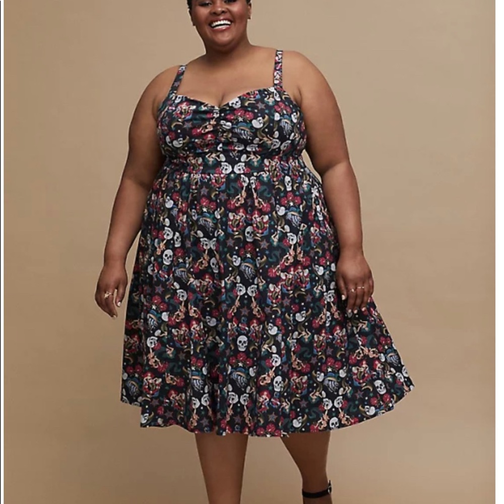 torrid Black Floral & Skull Print Fit-and-Flare Dress